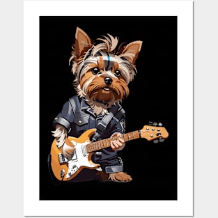 Yorkshire Terrier Playing Guitar Posters and Art